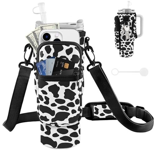 JEBEALUO Water Bottle Carrier Bag with Phone Pocket for Stanley Cup 40/30 oz, Water Bottle Holder with Adjustable Strap& Straw Cover, Stanley Cup Accessories (Cow)
