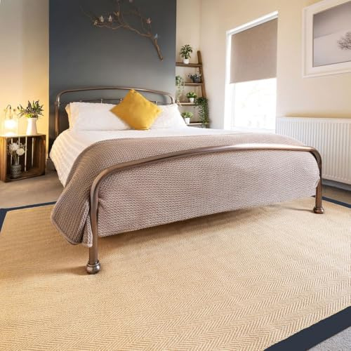 Natural Sustainable Navy Blue Cotton Border Herringbone Jute Area Rug Soft Durable Flatweave Mat Sisal Non Slip Living Room Entrance Kitchen Hallway Carpet Rugs 200cm x 290cm