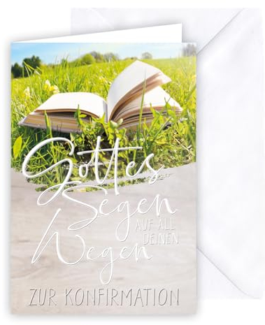 KE - Traditionelle Glückwunschkarte zur Konfirmation für Jungen und Mädchen, inkl. Umschlag, DIN B6 Format, Konfirmationskarte, Motiv: Bibel auf Wiese