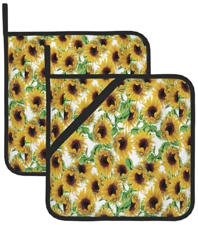 Wurton Set di 2 presine con stampa di girasole, resistente al calore, per barbecue, cottura al forno, 20,3 x 20,3 cm