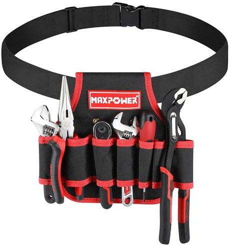 MAXPOWER Gürteltasche, Werkzeuggürtel mit 7 Taschen für Elektriker und Gartenwerkzeug, abnehmbare und verstellbare Werkzeugtasche Gürtel, als Nageltasche Hammerhalter usw.