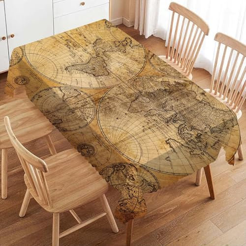 VIGGINER Rechteckige Tischdecke mit Vintage-Weltkarte, alte Papier-Tischdecke für Küche, Esszimmer, Retro-Stil, nostalgische historische Tischdecke, Dekoration für Party, Terrasse, 137 x 183 cm