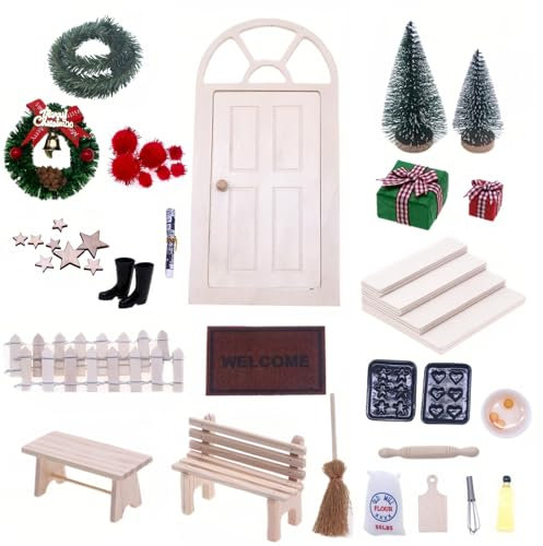 hifrom Wichteltür Zubehör Wichtelzubehör Weihnachten Set, Miniatur Wichtel Set, Weihnachtswichtel Wichtel Tür, Zäun, Kranz, Miniatur Briefkästen, Feentür Set für Geschenke (B)
