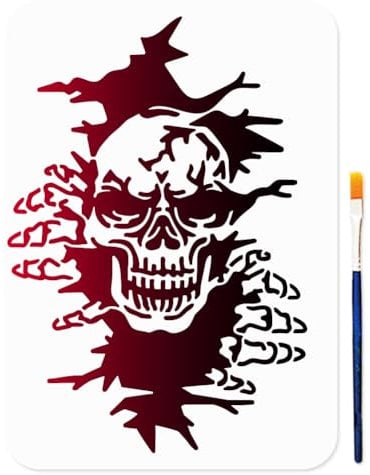 MAYJOYDIY A4 Halloween Skelett Schablone Risse Totenkopf Malschablone 29.7x21cm Skelett Finger Vorlage Mit Pinsel Wiederverwendbare Schablone Für Holz Stoff Wände Fenster Heimwerkerarbeiten