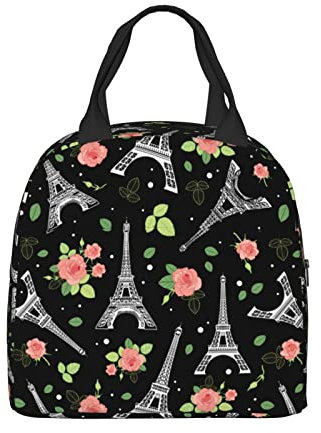 BigOtters Lonchera rosa de la Torre Eifel París y las rosas para mujeres y hombres, lonchera aislada para adultos, bolsas de almuerzo reutilizables con cremalleras de bolsillo para el trabajo, picnic,