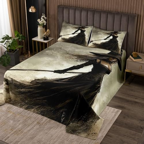 Happy Halloween Quilt Set for Kids Boys Girls Halloween Witch Decor Bedspread Set Double Horror Witchy Broom Coverlet Set Magical Witch Bedding Set 3Pcs