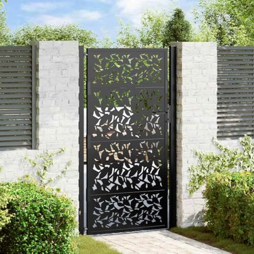 IKAYAA Puerta de Jardín 105x180 cm, Puerta para Valla con Sistema de Cerradura Acero Oxidado, diseño de Hojas Negro