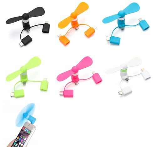 3-in-1 Mini-Handy-Ventilator, Tragbarer USB-Lüfter mit Rotierender Funktion, Kompatibel mit iPhone/Micro-USB/Typ C/Lightning-Port