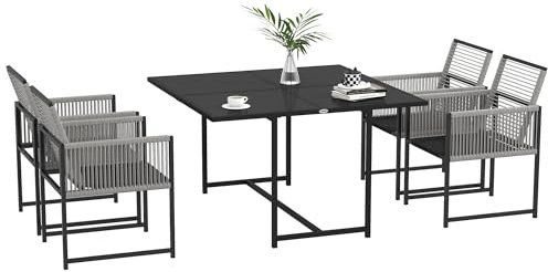 Outsunny 5 Pieces Garden Dining Set, Outdoor Patio Cube Set, 4 Seater Outdoor Table and Chairs with Foldable Backrest, Tempered Glass Top, Handwoven Rope for Poolside, Space-Saving, Light Grey