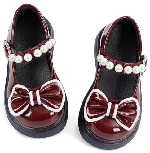 Little Girls Dress Shoes with Pearls Strap and Bow Tie Soft Sole Mary Jane Flats Toddler Girls' Ballerina Flat Princess Dress Shoes for Wedding School Party