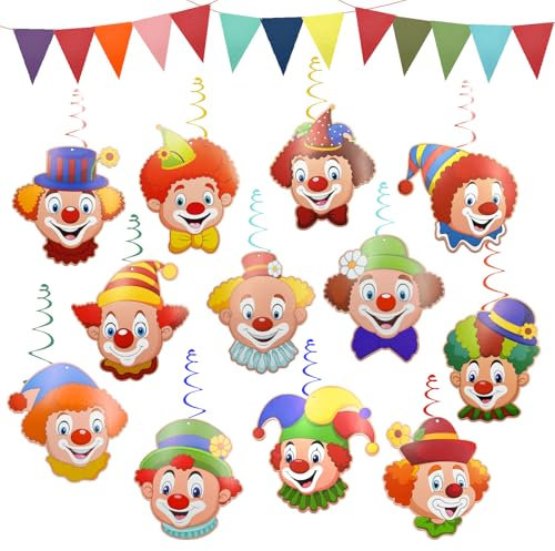 PXBSNB Clown Girlande Karneval, 12 Stück Spiral Girlanden mit Clown Motiv mit Wimpelkette, Karneval Luftschlangen für Spiral Girlanden Deckenhänger, Clown Deko für Karneval Zirkus Deko