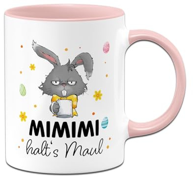 Hasen Tasse MiMiMi Halt´s Maul - Kaffeetasse, Ostertasse lustig mit Spruch - Geschenk zu Ostern für Männer, Frauen - Kleine Ostergeschenke für Erwachsene (Rosa)