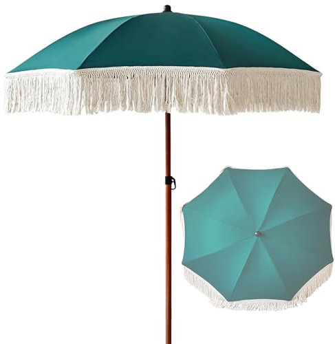 Sombrilla Terraza Pequeña con Flecos, Sombrilla de Jardín para Playa, Piscina, Patio, 8 Varillas y Mástil de Aluminio, UPF50+