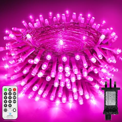 JXLEDAYY 20 M 200 LED Christmas Lights Outdoor Decoration Fairy Lights Plug in Clear Wire String Lights Mains Powered with Remote Timer 8 Modes for Indoor Outside Garden Party Wedding-Pink