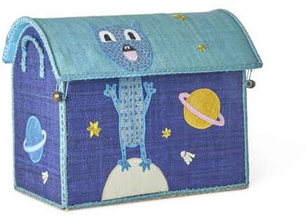 RICE Aufbewahrungskorb Monster Motiv | Handgefertigter Raffia Korb mit Deckel & Griffen, Kinderzimmer Deko & Spielzeugaufbewahrung, Größe S (35 x 23 x 30 cm), bunt