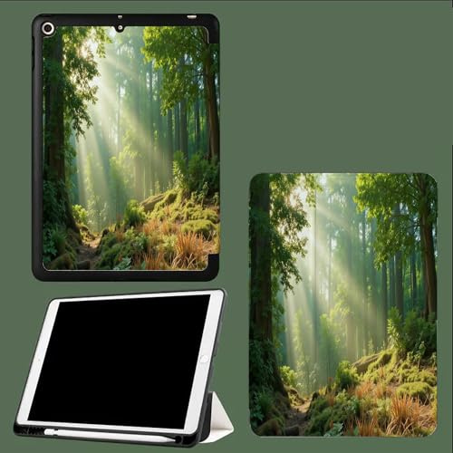 Coque pour Tablette iPad 9,7 Pouces (iPad 6ème/5ème Génération), Protection Case Cuir Housse Fine et Légère Smart Cover avec Fonction Support Soleil Forêt Mousse Route-Vert
