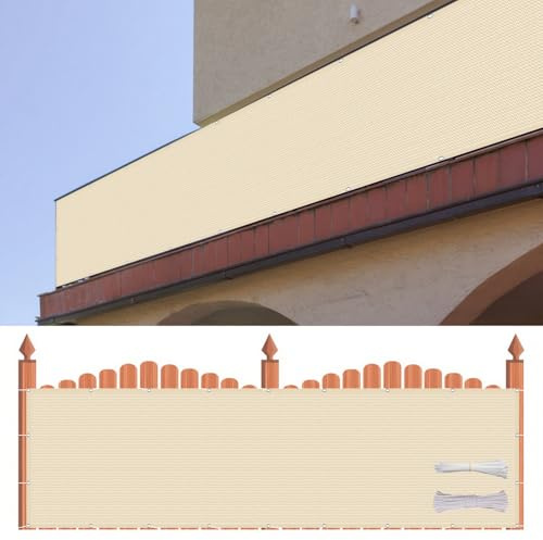 Balkonumrandung Sichtschutz 70 x 230 cm HDPE Gewebe, Windschutz, Sonnenschutz, Atmungsaktiv, Blickdichte Balkonumspannung mit Kabelbinder Und Kordel für Balkon, Terrasse, Garten, Creme Farben