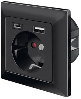 LogiLink PA0262B - Unterputz-Steckdose mit je 1x Schutzkontaktbuchse (CEE 7/3), USB-A und USB-C, Farbe: Schwarz
