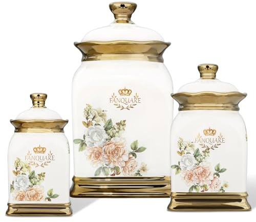 fanquare Ceramic Tea Coffee Sugar Canisters Set of 3, Vintage Storage Jars | Floral Airtight Food Storage Canisters with Lids for Home Kitchen Gifts