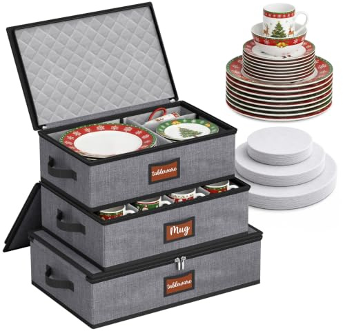 MISSLO Large Capacity Plate Storage Organiser Hard Shell China Storage Containers, Kitchen Packing Moving Boxes for Dishes, Dinnerwares, Crockery, Mugs Case Protector, Grey, 3 Piece Set