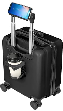 SUNNYNEST 14 Inch Cabin Suitcase Built in Lock with 360°Rubber Black | Lightweight Carry On with Cup Holderfor Checked Trip ABS+PC Lightweight Hard Shell Luggage Spinner Wheels YKK Zipper