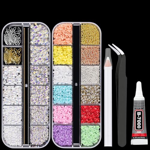 LEMONSTONE 1800 Stück Nail Art Charms Set mit Kleber, Pinzette und Wachsstift, 3D Blume Nagel Charms und Strasssteine zum Basteln, Strasssteine für Nägel Kleidung Gesicht Schuhe DIY Handwerk
