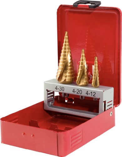 KS Tools 330.2423 Juego de brocas escalonadas HSS TiN en casete de chapa de acero 3 pzs