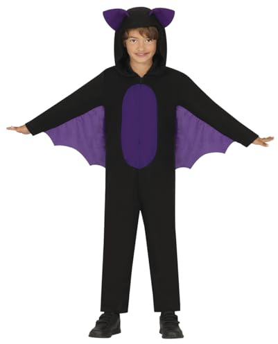 FIESTAS GUIRCA | Kinderkostüm Fledermaus (7-9 Jahre) – Overall, Kapuze und Flügel – Tier- und Halloween-Kostüme für Kinder – Perfekt für Kostümfeste und Feiern – Schwarz und Lila