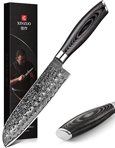 XINZUO 17,8cm Damaststahl Santokumesser, Profi Damastmesser Kochmesser Damaskus Chefmesser, Scharfe Klinge 67 Schichten Damaststahl Küchenmesser- Ergonomischer Pakkaholz Griff