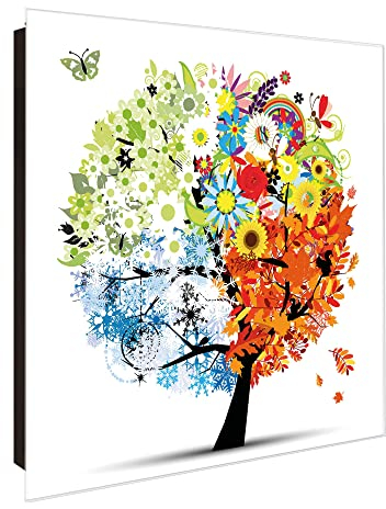 banjado® Großer Schlüsselkasten Glas/Schlüsselbox 30cm x 30cm mit 50 Haken - Motiv Vier Jahreszeiten/Schlüsselkasten modern für Schlüsselaufbewahrung mit beschreibbarer, magnetischer Glastür