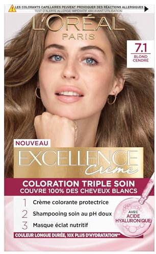 L'Oréal Paris - Excellence Creme-Haarfärbe-Set, permanent, dreifache Haarpflege – 100% Abdeckung für weißes Haar – Farbton 7,1 Aschblond
