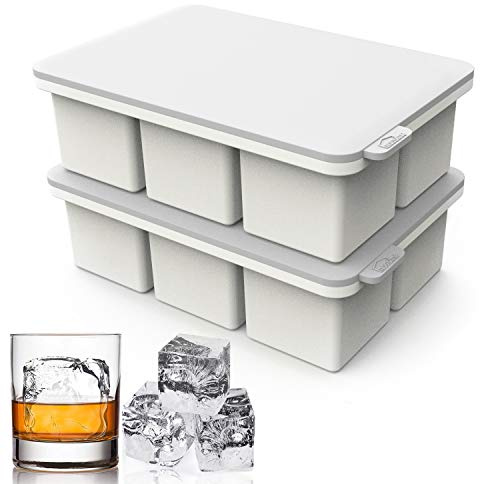 Mossime Large Silicone Ice Cube Trays with Lids, 2 Pack, Grey | Makes 2-Inch Square Ice Cubes, Easy-Release BPA-Free Silicone for Whisky, Cocktails, Iced Coffee, Juice and Meal Prep