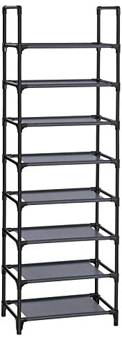 SONGMICS Zapatero, Organizador Zapatos, 8 Baldas, Zapatero Abierto Estrecho, 28 x 46 x 145 cm, Marco de Metal, Estantes de Tela no Tejida, para Pasillo, Dormitorio, Gris LSR024G02