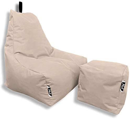 PATCH HOME Patchhome Sitzsack Lounge Sessel + Würfel/Hocker mit Reißverschluss Gamer Sitzkissen fertig mit Styropor Füllung befüllt H:90cm | T:78cm | B:82cm + 35x35cm Würfel Creme