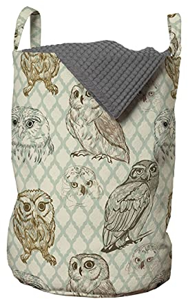 ABAKUHAUS Eule Wäschesack, Skizze Katze, Vögel, Wäschekorb mit Griffen Kordelzugverschluss für Waschsalons, 33 cm breit x 49 cm hoch, Brown resedagrün
