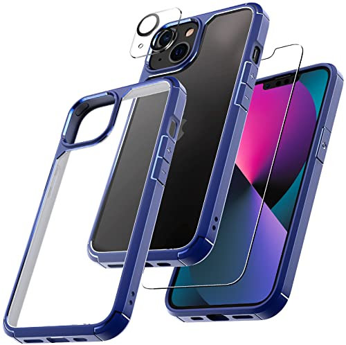 TAURI 3 in 1 Designed for iPhone 13 Case Blue, [Not-Yellowing] and 2X Tempered Glass Screen Protector, [Military-Grade Drop Tested] Shockproof Phone Case 13 6.1 inch