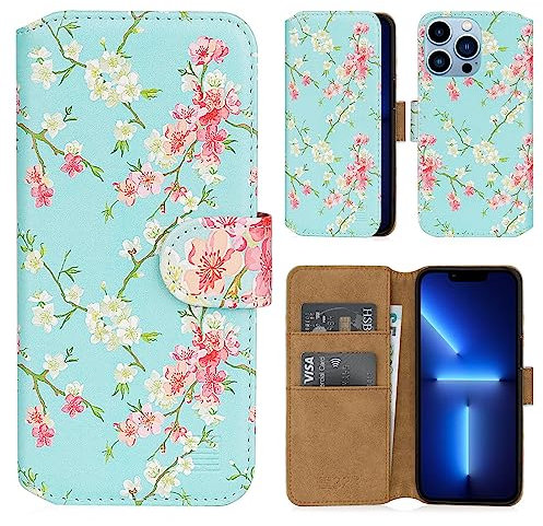 32nd Floral Series 2.0 - Design PU Leather Book Wallet Case Cover for Apple iPhone 13 Pro (6.1), Designer Flower Pattern Wallet Style Flip Case With Card Slots - Spring Blue
