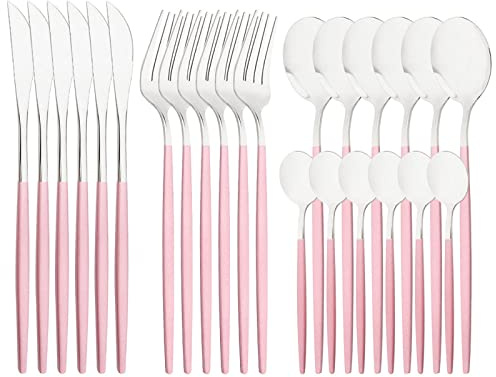 Snplowum Spiegel-Besteck-Set, 24-teilig, 18/0 Edelstahl, Besteck mit rosa Griff, einfaches und modernes Geschirr für Zuhause, Party, Restaurant, Weihnachten, Abendessen, Service für 6 Personen (Rosa