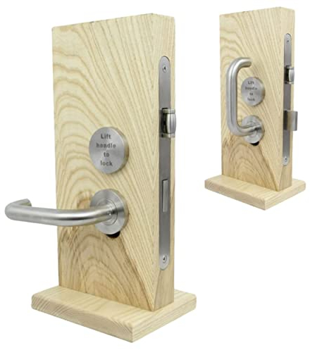 IRONZONE® A Set of Lift to Lock Disabled Facility Toilet Door Furniture Mortice Door Lock Handle Set Satin Stainless Steel, Provides Privacy to bathrooms with Simply Pushing The Handle Upwards