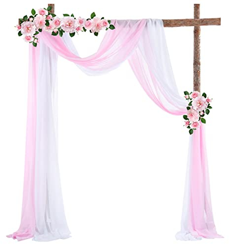 ZOYIEP Vorhang Querbehang Traubogen, Hochzeitsbogen, Gardine Freihanddeko Voile Deko,Gardinen Schals für Hochzeit Wohnzimmer Fenster Deko (Weiß+Hellrosa,70x300cm)