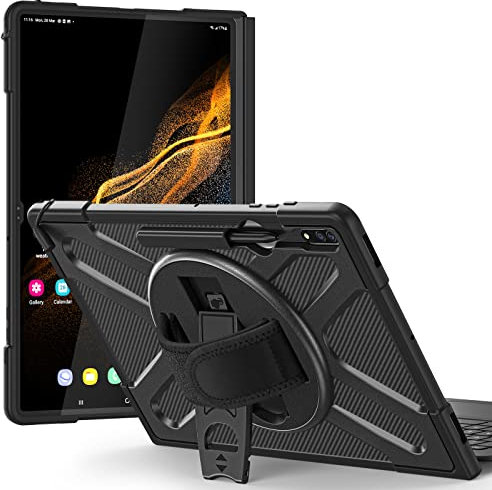 FONREST Robuste Schutzhülle für Samsung-Galaxy-Tab-S8-Ultra-14,6'' 2022 (SM-X900/X906) mit Ständer und Stifthalter, Tragbare Hybrid Case mit 360° drehbarem Klettverschluss, kompatibel mit Tastatur