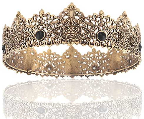 King Men Tiara Krone Imperial Mittelalter Stirnband Kristall Festzug für Hochzeit Halloween Messe Kostüm Geburtstag (Dunkelgold mit schwarzem Stein)