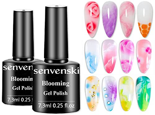 Senvenski Blooming Gel Nail Polish Kit - UV/LED Marble Floral Print Nail Art Set for Spreading Effect | Manicure Gift Kit for Women Salon Home Use (YR2-001)