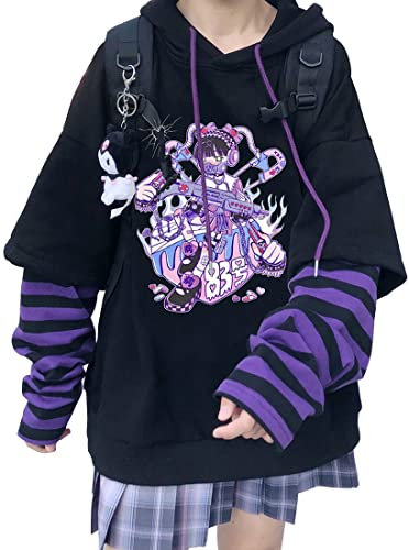 YINGKE Damen Anime Kapuzenpullover Japan Kawaii Hoodie E-Girl Streetwear Mädchen Y2K Gothic Sweatshirt Pullover (XL, Black Purple G)
