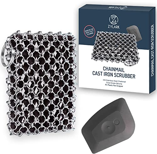 Zylark 316L Cast Iron Scrubber + Scraper Tool - Pan Cleaner Scrubber with Silicone Insert - Cast Iron Cleaning Kit - Chainmail Scrubber for Cookware