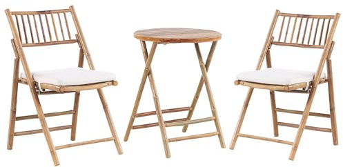 Beliani Outdoor Bamboo Wood and Fabric Garden Bistro Set Table and Chairs for 2 People Off-White Folding UV Resistance 5, SAVELLETRI