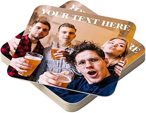 Personalised Beer Mats Photo Coasters Drinks Mats - Pack of 12 - Home Bar Accessories Gifts - Cardboard - Add Own Photo and Text