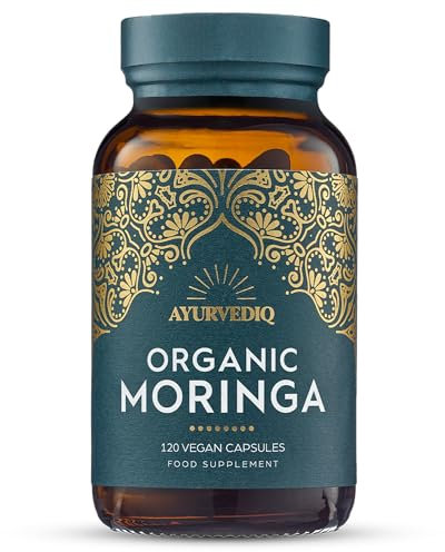Ayurvediq Wellness Organic Moringa Capsules 500mg, 120 High Strength Moringa Powder Capsules – Soil Association Certified Moringa Oleifera Powder - Vegan Ayurvedic Products