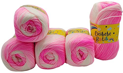 5 x 100 g Strickgarn Cicibebe Batik mehrfarbig mit Farbverlauf, 500 Gramm Strickwolle bunt, Farbverlaufsgarn (rosa weiss 550-15)