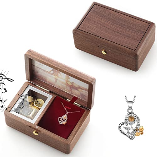 JJYmusic Spieluhr aus natürlichem Massivholz, zum Aufziehen, langer Fotorahmen, Schmuckspieluhr, tolles Geschenk für Geburtstag, Weihnachten (Walnuss; Melodie: You Are My Sunshine)